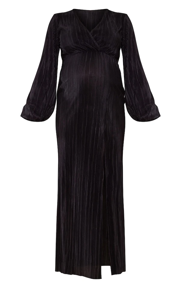 Maternité Robe De Grossesse Longue Plissée Noire à Fente 7 Maternité Robe De Grossesse Longue Plissée Noire à Fente – Image 5