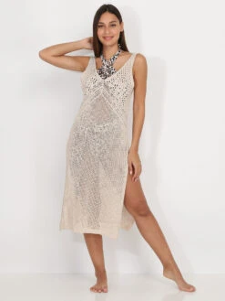 Robe De Plage Droite Beige En Crochet Beige -Logic || Diamond || Zero Soldes Boutique O22 20590 BGE 3