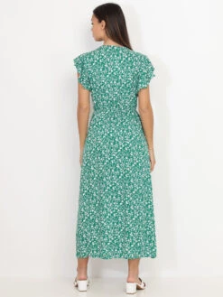 Robe Longue Fendue Verte à Fleurs Et Volants Vert -Logic || Diamond || Zero Soldes Boutique P26 P8337 E GRN 2