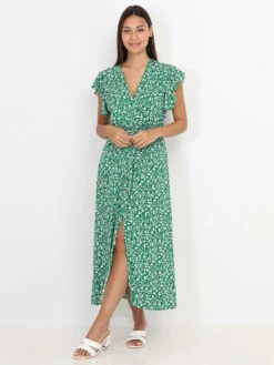 Robe Longue Fendue Verte à Fleurs Et Volants Vert -Logic || Diamond || Zero Soldes Boutique P26 P8337 E GRN 3