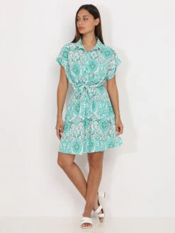 Robe Fluide Ceinturée à Motif Ethnique 7 Robe Fluide Ceinturée à Motif Ethnique -Logic || Diamond || Zero Soldes Boutique R03 23398 GRN 3