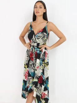 Robe Mi-longue à Feuilles Tropicales
