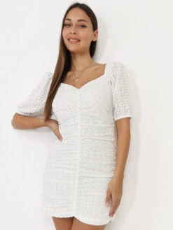 Logic || Diamond || Zero Soldes Boutique 25 Robe Froncée Blanche En Broderie Anglaise Blanc