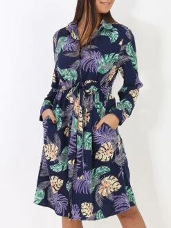 Robe Fluide à Imprimé Feuilles Tropicales -Logic || Diamond || Zero Soldes Boutique S24 1909 3 NVY 2