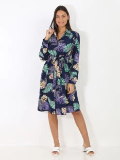 Robe Fluide à Imprimé Feuilles Tropicales -Logic || Diamond || Zero Soldes Boutique S24 1909 3 NVY 4