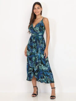 Robe Mi-longue à Volants Et Feuilles Tropicales -Logic || Diamond || Zero Soldes Boutique T18 1869 2N BLKBLU 3