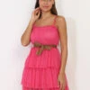 Robe Fuchsia Ceinturée à Volants En Tulle Fuchsia