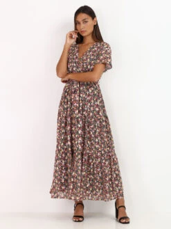 Robe Longue à Petites Fleurs Et Détails -Logic || Diamond || Zero Soldes Boutique T25 L26052 BLK 3