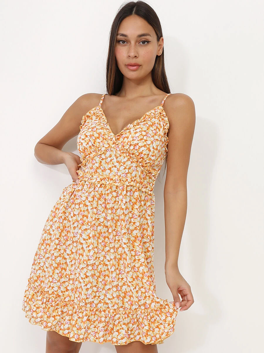 Robe Patineuse Orange à Fleurs Et Volants Orange 3 Robe Patineuse Orange à Fleurs Et Volants Orange