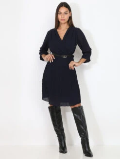 Robe Cache-coeur Plissée Ceinturée -Logic || Diamond || Zero Soldes Boutique U18 6193 NVY 3