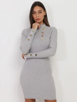 Robe Côtelée à Boutons Et Col Montant