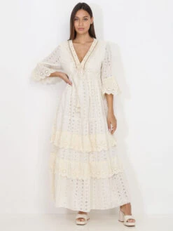 Robe Longue Beige En Broderie Anglaise à Volants Beige -Logic || Diamond || Zero Soldes Boutique U21 8831 BGE 4