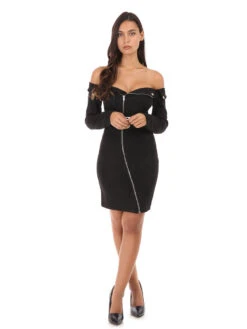 Robe En Suédine Col Bardot Fermeture Zippée -Logic || Diamond || Zero Soldes Boutique V01 19096 BLK 3