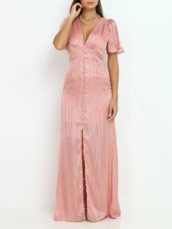 Robe Longue à Fente Et Boutons Décoratifs -Logic || Diamond || Zero Soldes Boutique V06 22711 PNK 2