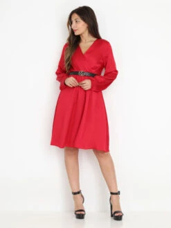 Robe Satinée à Ceinture En Simili -Logic || Diamond || Zero Soldes Boutique V06 52391 RED 4