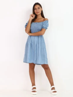 Robe Smockée à Manches Bouffantes -Logic || Diamond || Zero Soldes Boutique V11 8517 LTBLU 3