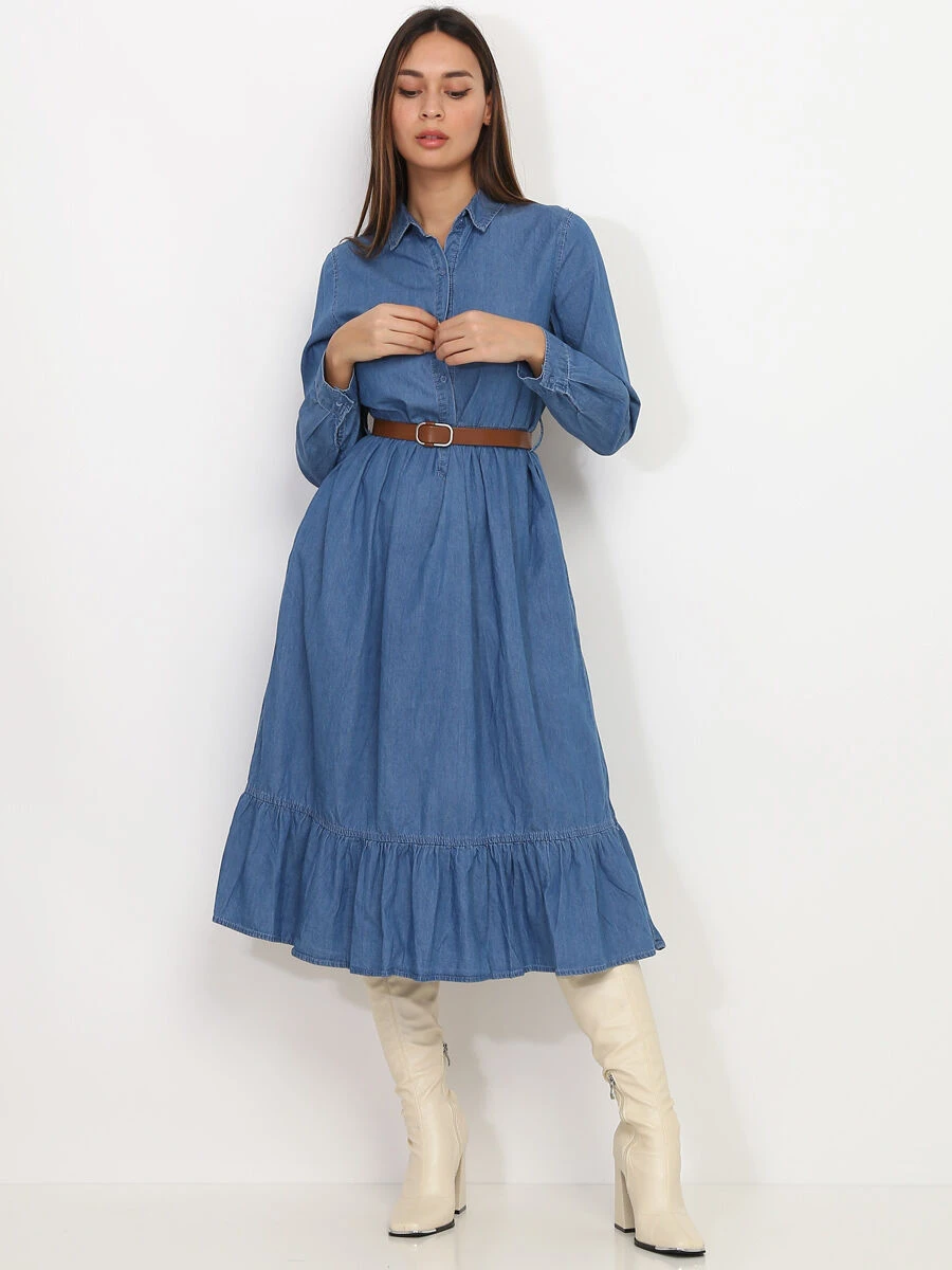 Robe Mi-longue Effet Denim Avec Ceinture 4 Robe Mi-longue Effet Denim Avec Ceinture – Image 2