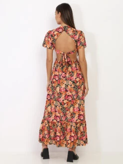 Robe Longue Noire à Fleurs Orange Avec Découpes Noir -Logic || Diamond || Zero Soldes Boutique V18 1062 BLK 2