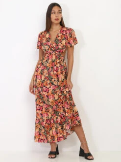 Robe Longue Noire à Fleurs Orange Avec Découpes Noir -Logic || Diamond || Zero Soldes Boutique V18 1062 BLK 3