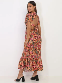 Robe Longue Noire à Fleurs Orange Avec Découpes Noir -Logic || Diamond || Zero Soldes Boutique V18 1062 BLK 4