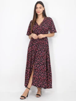 Robe Longue Fendue Fleurie Et Smockée -Logic || Diamond || Zero Soldes Boutique W12 P8382 O BLK 5