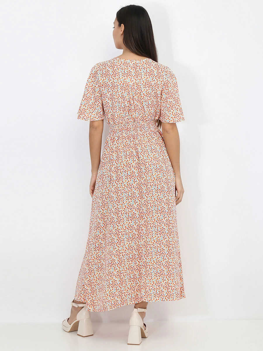 Robe Longue Fendue à Pois Et Smockée 4 Robe Longue Fendue à Pois Et Smockée – Image 2