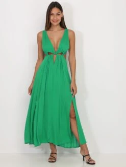 Robe Longue Verte à Découpes Et Fentes Vert -Logic || Diamond || Zero Soldes Boutique W28 3747 GRN 3