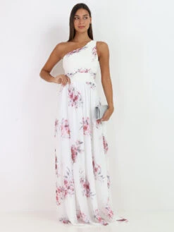 Robe Longue Asymétrique à Fleurs -Logic || Diamond || Zero Soldes Boutique W30 R1373 WHT 3