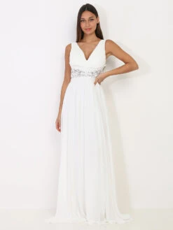 Robe Longue Blanche à Buste Drapé Et Dentelle Blanc -Logic || Diamond || Zero Soldes Boutique W32 Q2021 40 2 WHT 3