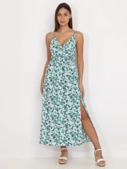 Robe Longue Fendue à Feuilles Aquarelles -Logic || Diamond || Zero Soldes Boutique Y22 P8355 F GRN 3