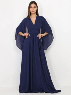 Robe Longue Drapée à Manches Volants -Logic || Diamond || Zero Soldes Boutique Y24 HM2290 NVY 3