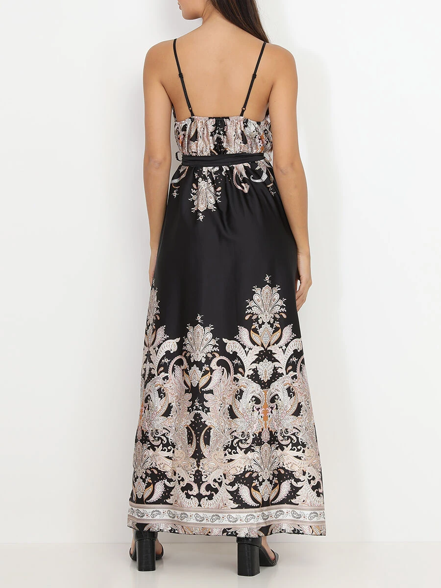 Robe Portefeuille Fendue Noire à Motif Cachemire Noir 4 Robe Portefeuille Fendue Noire à Motif Cachemire Noir – Image 2