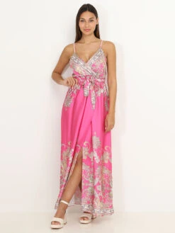 Robe Portefeuille Fendue Fuchsia à Motif Cachemire Rose -Logic || Diamond || Zero Soldes Boutique Z19 3933 FSH 3