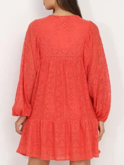 Robe Brodée Rouge à Manches Bouffantes Rouge -Logic || Diamond || Zero Soldes Boutique Z22 3791 RED 2