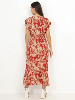 Robe Longue Rouge à Imprimé Feuilles Dorées Rouge -Logic || Diamond || Zero Soldes Boutique Z27 P8337 H RED 2