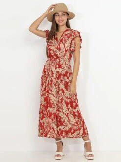 Robe Longue Rouge à Imprimé Feuilles Dorées Rouge -Logic || Diamond || Zero Soldes Boutique Z27 P8337 H RED 3