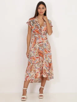 Robe Mi-longue Motif Cachemire Jaune Avec Ceinture Jaune -Logic || Diamond || Zero Soldes Boutique Z30 3863 YLL 3