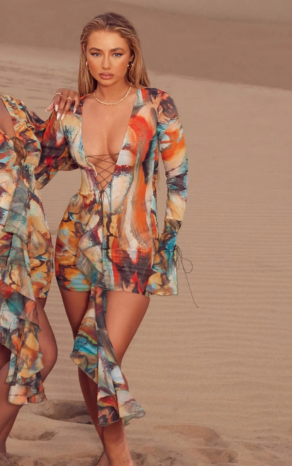 Robe De Plage En Mousseline De Soie Bleue Imprimé Papillons à Lacets 3 Robe De Plage En Mousseline De Soie Bleue Imprimé Papillons à Lacets