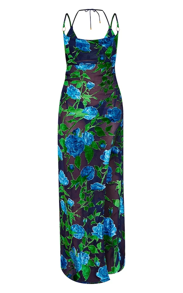 Robe De Plage Longue En Velours Fleuri Bleu Foncé Et Vert 7 Robe De Plage Longue En Velours Fleuri Bleu Foncé Et Vert – Image 5