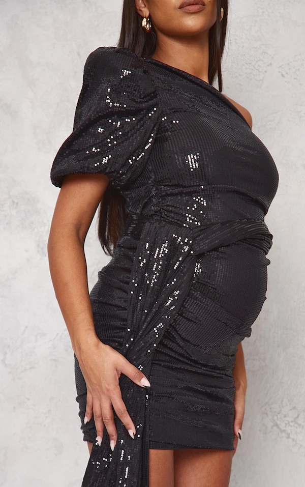 Maternité Robe De Grossesse Asymétrique Noire à Fronces Et Sequins 6 Maternité Robe De Grossesse Asymétrique Noire à Fronces Et Sequins – Image 4