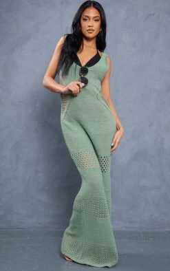 Tall Robe Longue En Crochet Vert Olive à Décolleté