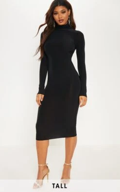 Tall - Robe Mi-longue Moulante Noire à Col Montant