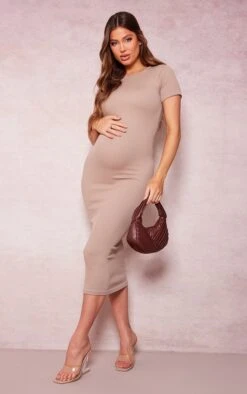 Maternité Robe De Grossesse Mi-longue Côtelée Gris Pierre Détail Contours à Manches Courtes