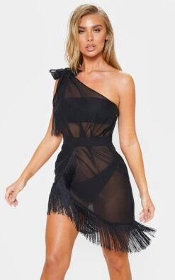 Robe De Plage Asymétrique à Franges Noire
