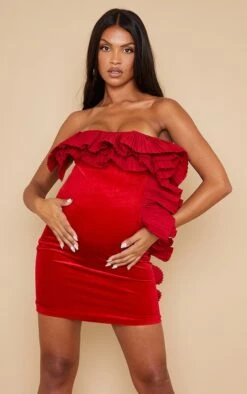 Maternité Robe Moulante De Grossesse Rouge à Bustier Volanté