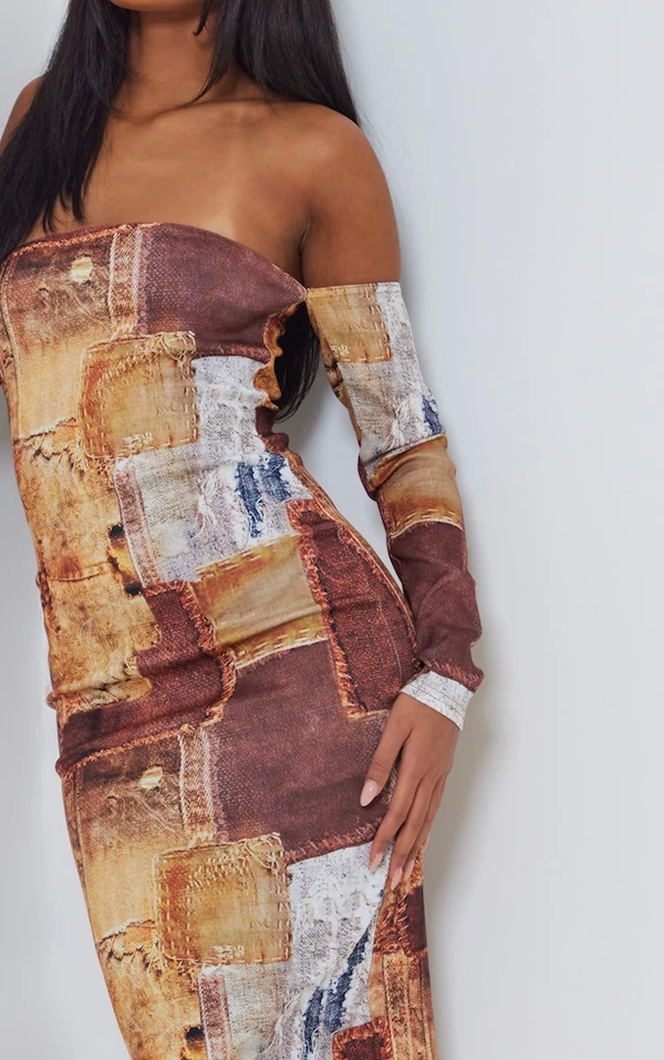 Tall Robe Mi-longue Marron à Imprimé Jean Et épaules Dénudées 6 Tall Robe Mi-longue Marron à Imprimé Jean Et épaules Dénudées – Image 4