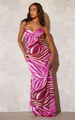 Robe De Plage Longue Satinée Rose Imprimé Zèbre