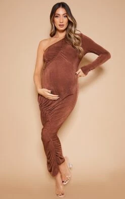 Maternité Robe De Grossesse Très Moulante Froncée En Acétate Chocolat à Détail Coutures