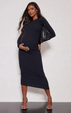 Maternité Robe De Grossesse Mi-longue Côtelée Noire à Manches Longues
