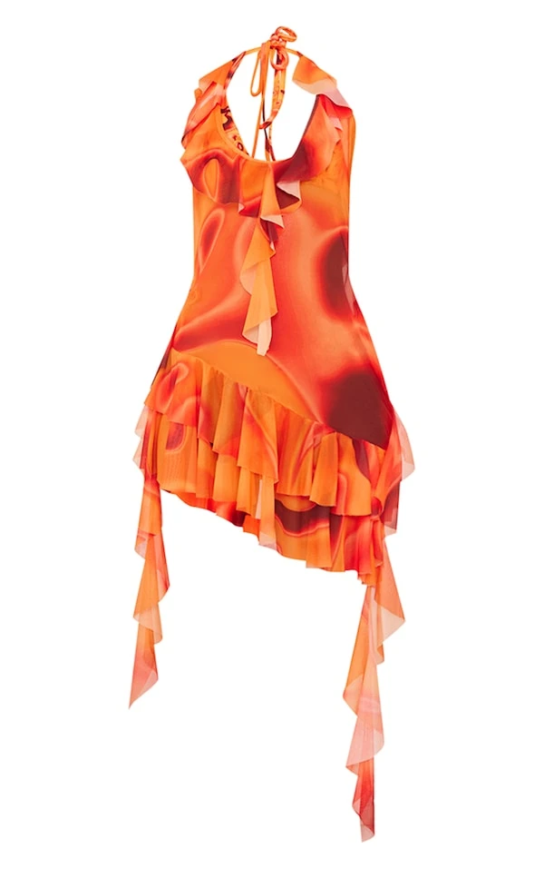 Robe De Plage Orange Imprimé Flammes à Dos Nu Et Volants 7 Robe De Plage Orange Imprimé Flammes à Dos Nu Et Volants – Image 5